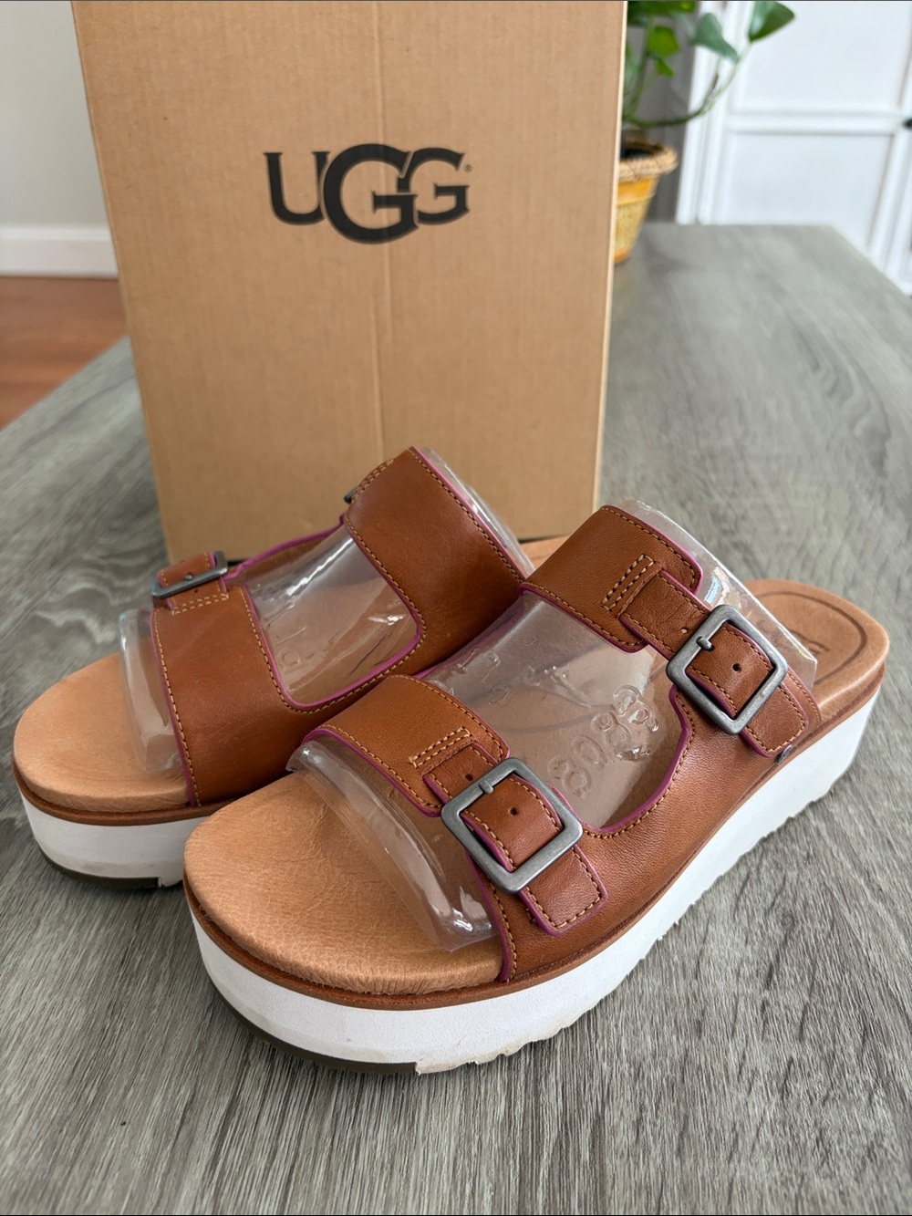 UGG Tan Leather & Clear Strap Platform Slides